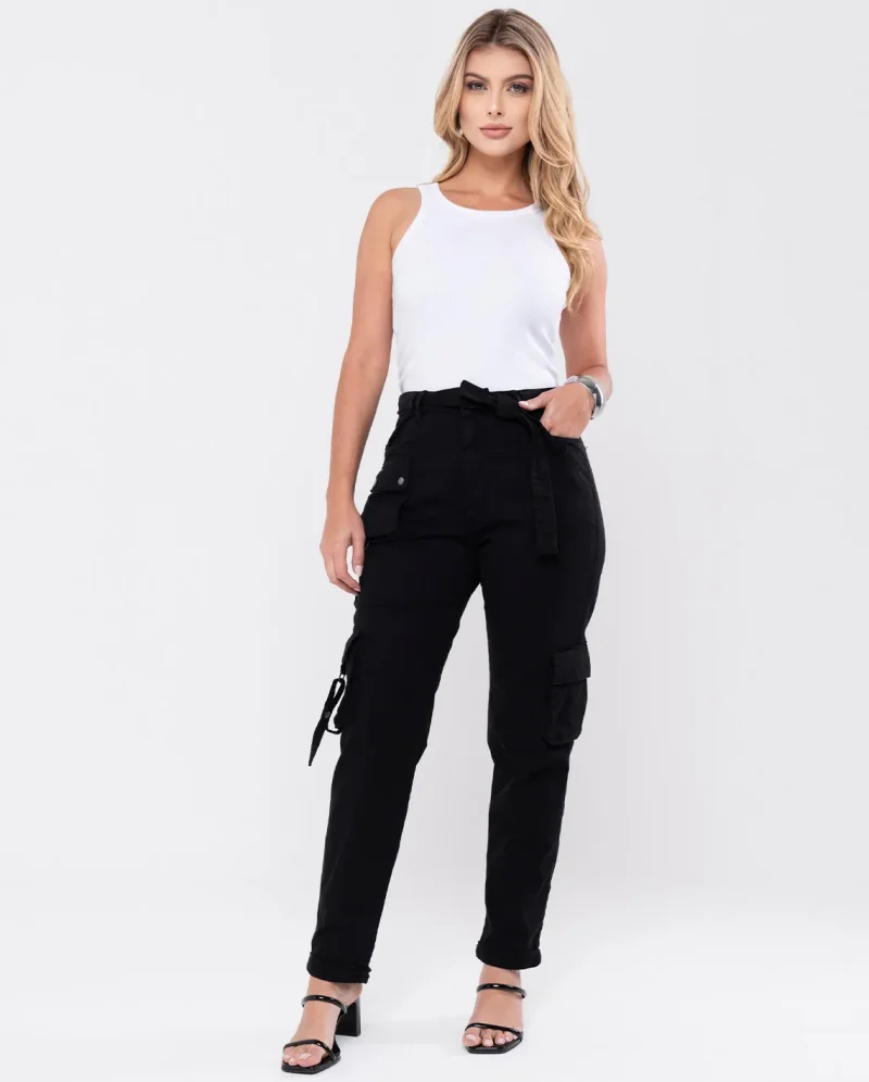 Calça Feminina Mom Cargo com Cinto Amarração Entre Os Passantes 21416.. Calça Feminina Mom Cargo com Cinto de Amarração 21416 Preto - Calca Feminina Mom Cargo com Cinto Amarracao Entre Os Passantes 21416