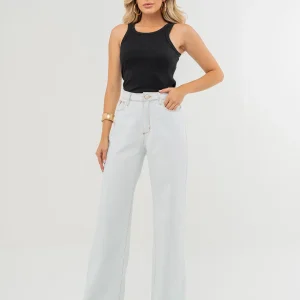 Calça Jeans Wide Leg Feminina Cintura Alta Barra Desfiada - Linha Eco 21674 - Ice
