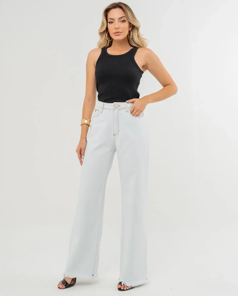 Calça Jeans Wide Leg Feminina Cintura Alta Barra Desfiada Linha Eco 21674. Calça Jeans Wide Leg Feminina Cintura Alta Barra Desfiada - Linha Eco 21674 - Ice - Calca Jeans Wide Leg Feminina Cintura Alta Barra Desfiada Linha Eco 21674 1